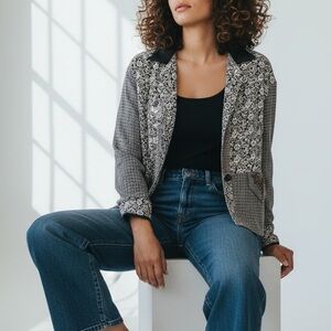 Vintage Globe Trotter Single Button Floral Split Print Long Sleeve Blouse Large